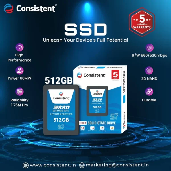 Consistent 2.5″ 512GB SSD with SATA III Interface, 6Gb/s Read/Write Speed Upto – 550/500 MB/s, 5 Years Warranty
